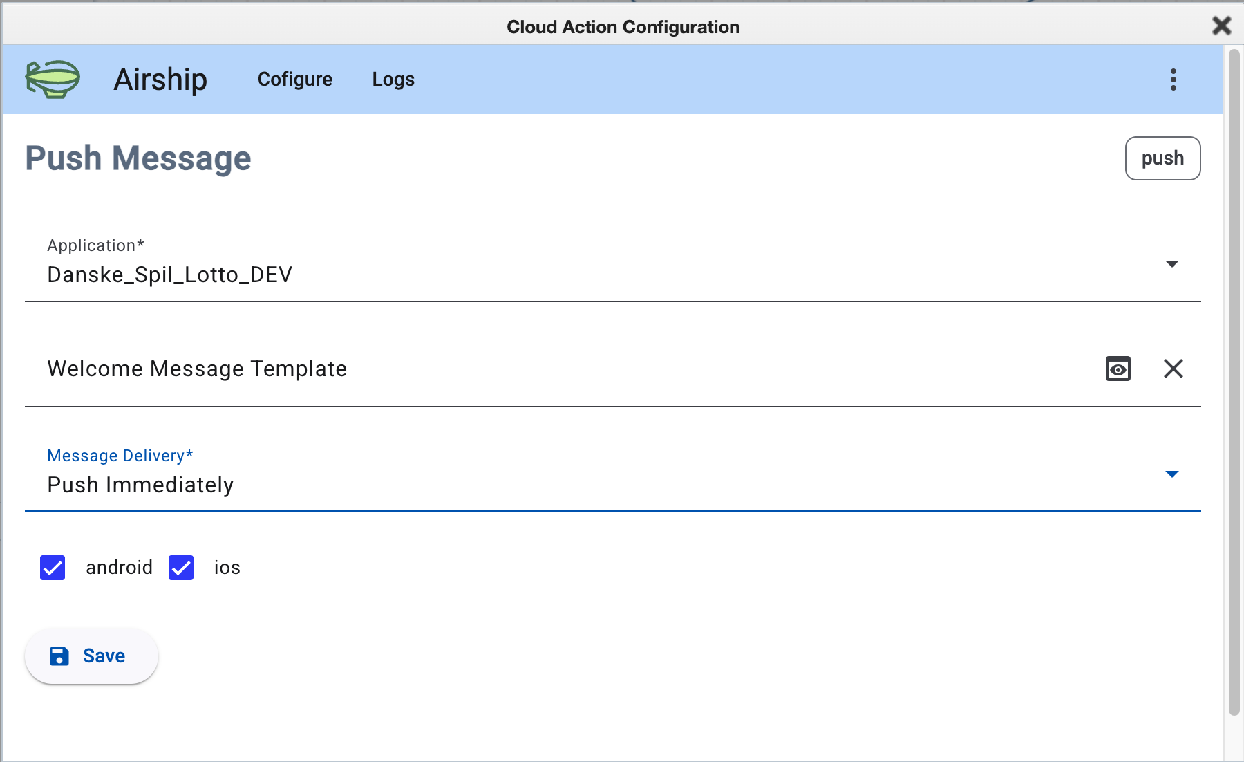 Push message configuration